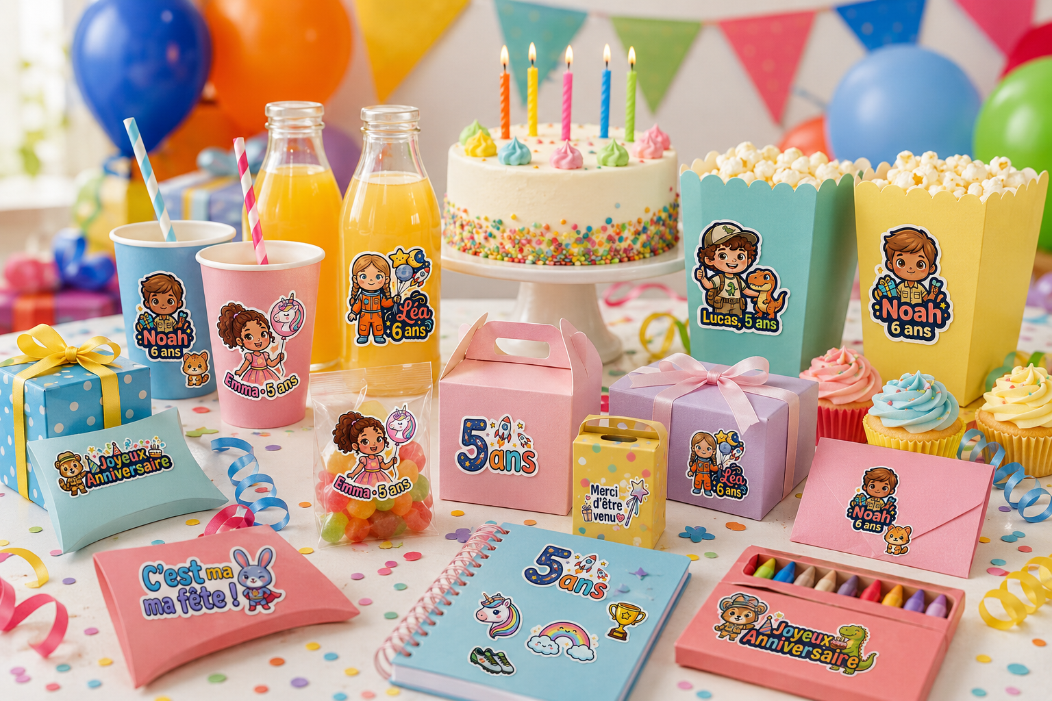 Pack Anniv Complet — 12 stickers déco + 5 stickers prénom personnalisés