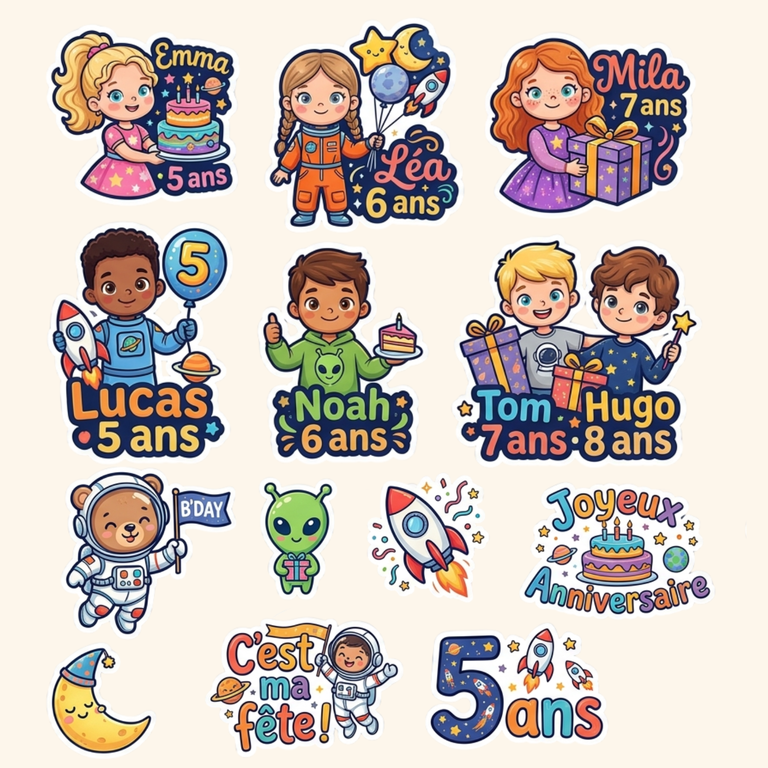 Pack Anniv XL — Le pack complet avec 10 stickers prénom + grand sticker  géant