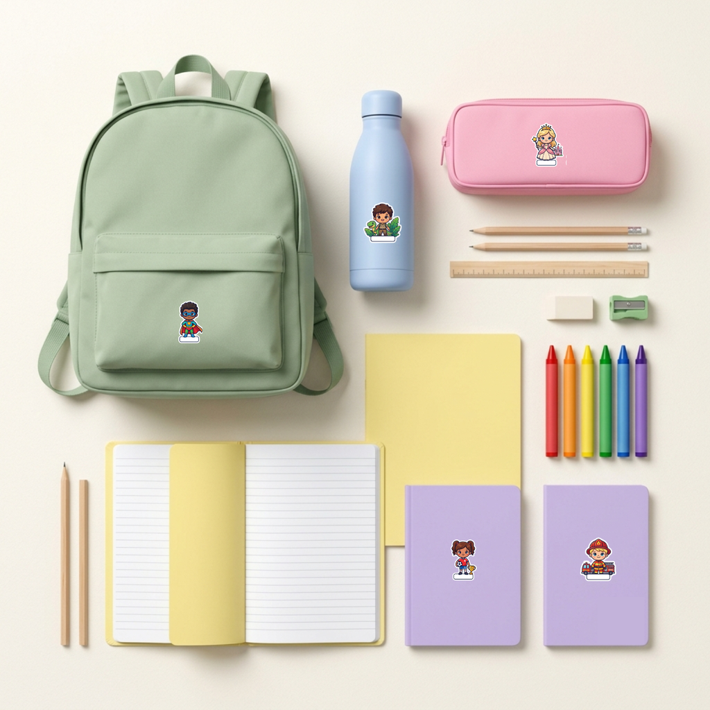 Pack Personnages Prénom — 6 stickers personnalisés pour tes affaires