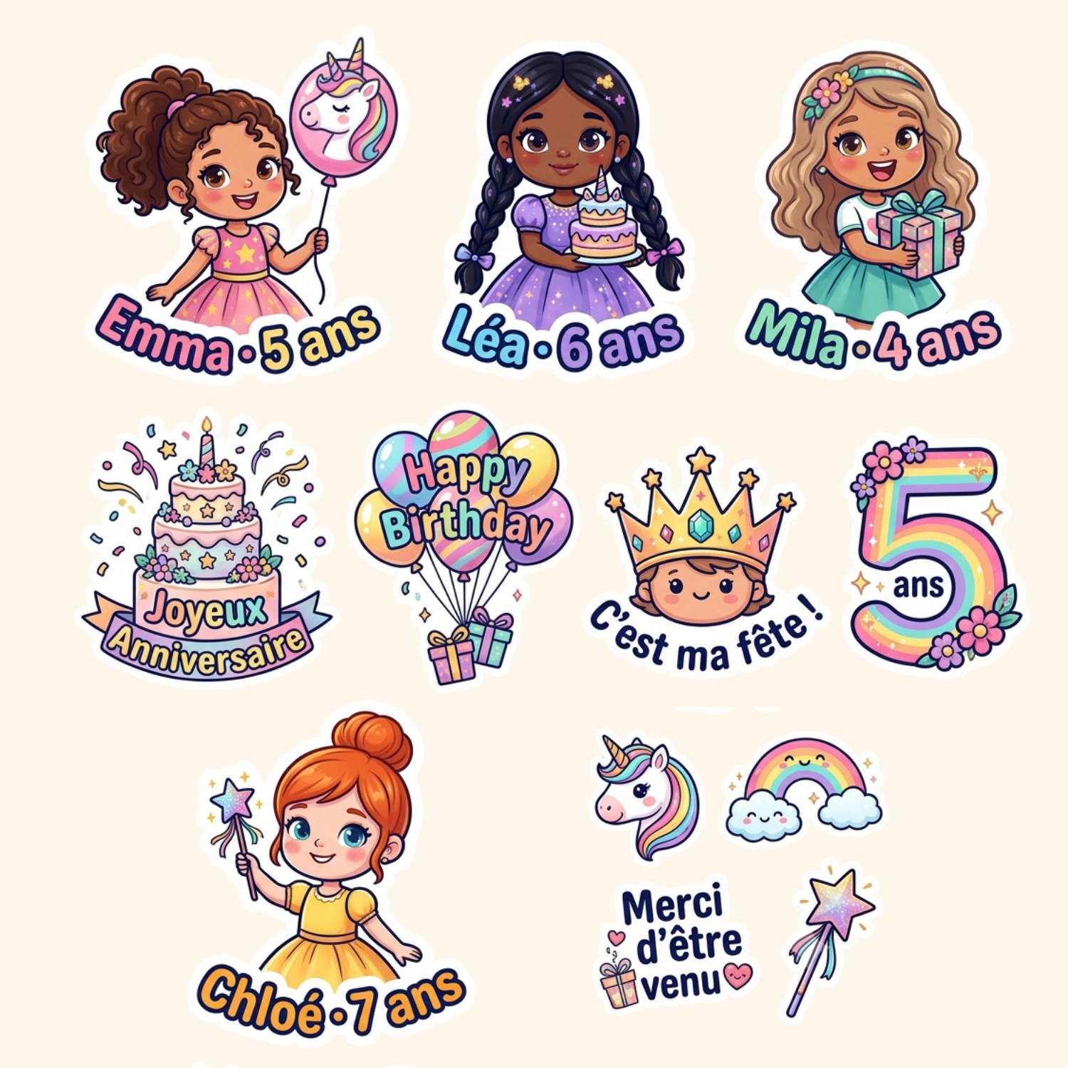 Pack Anniv XL — Le pack complet avec 10 stickers prénom + grand sticker  géant