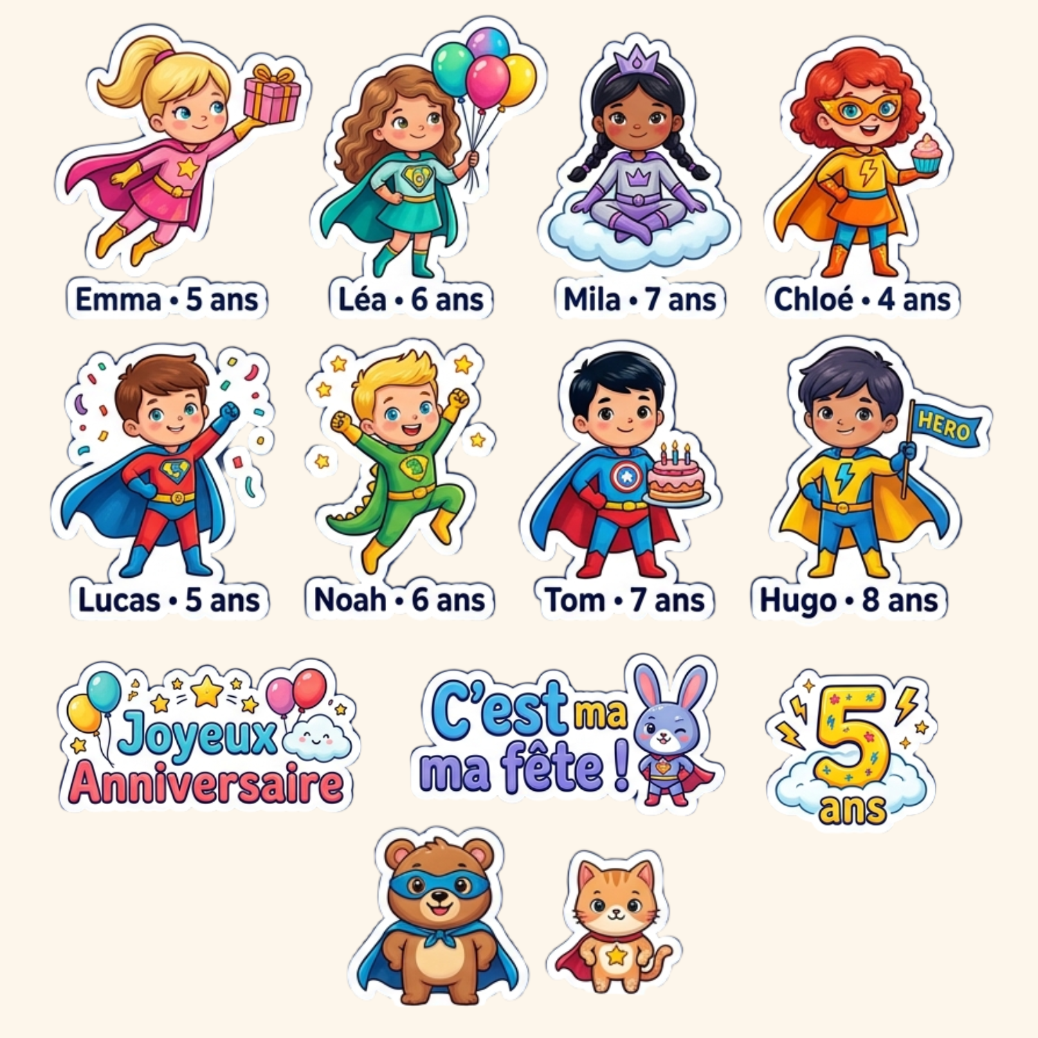 Pack Anniv XL — Le pack complet avec 10 stickers prénom + grand sticker  géant